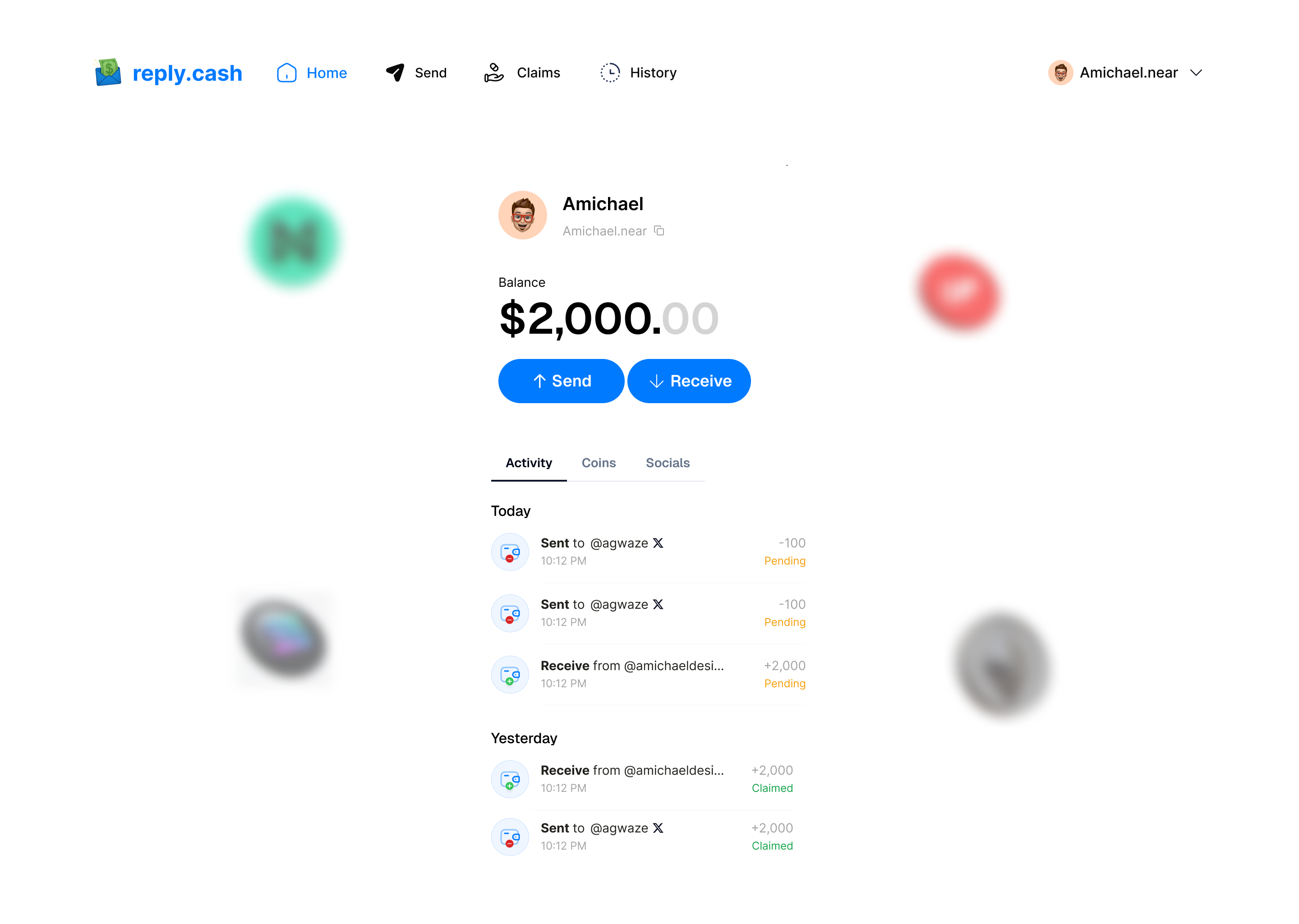reply.cash home screen showing balance, transactions, and quick actions